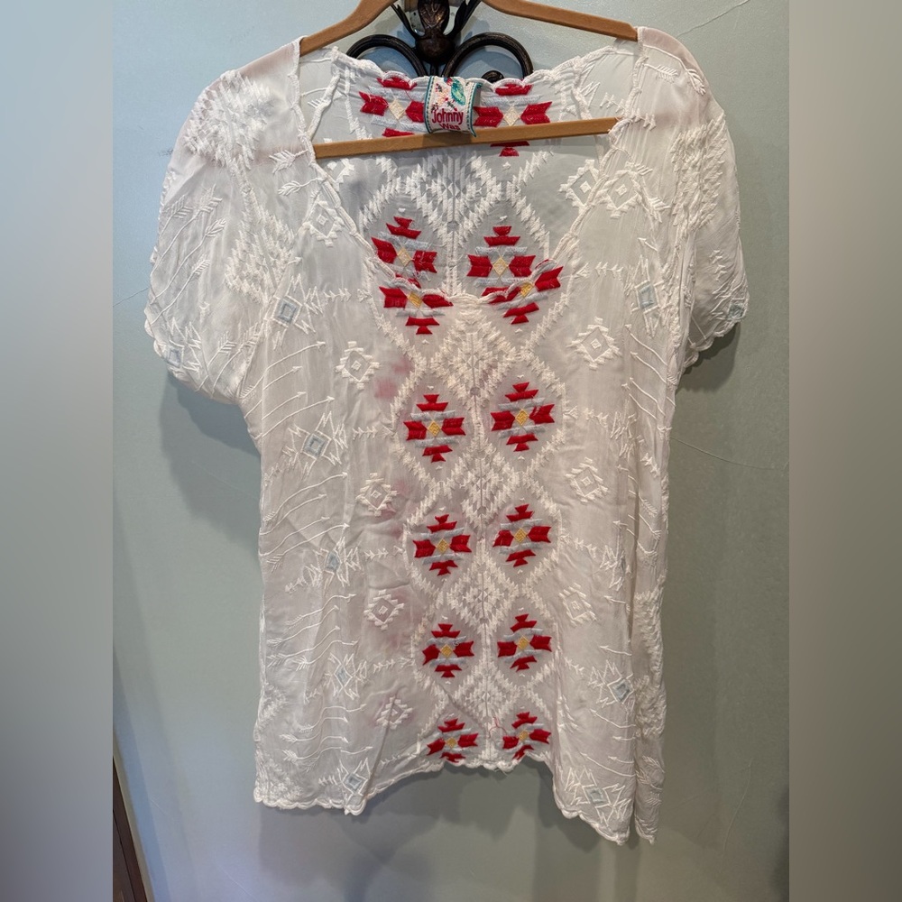 Johnny Was White Blouse with Red Embroidery